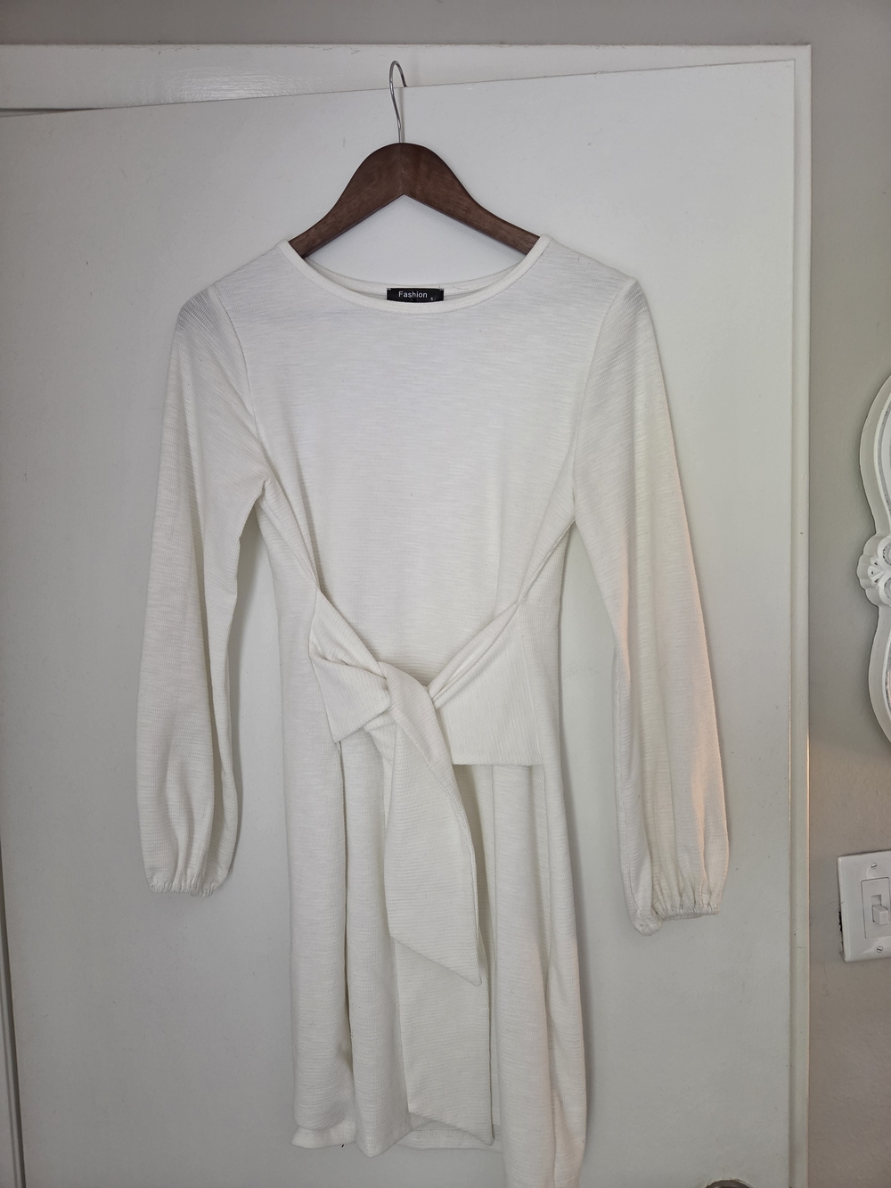 Ivory Long Sleeve Tie-Waist Dress